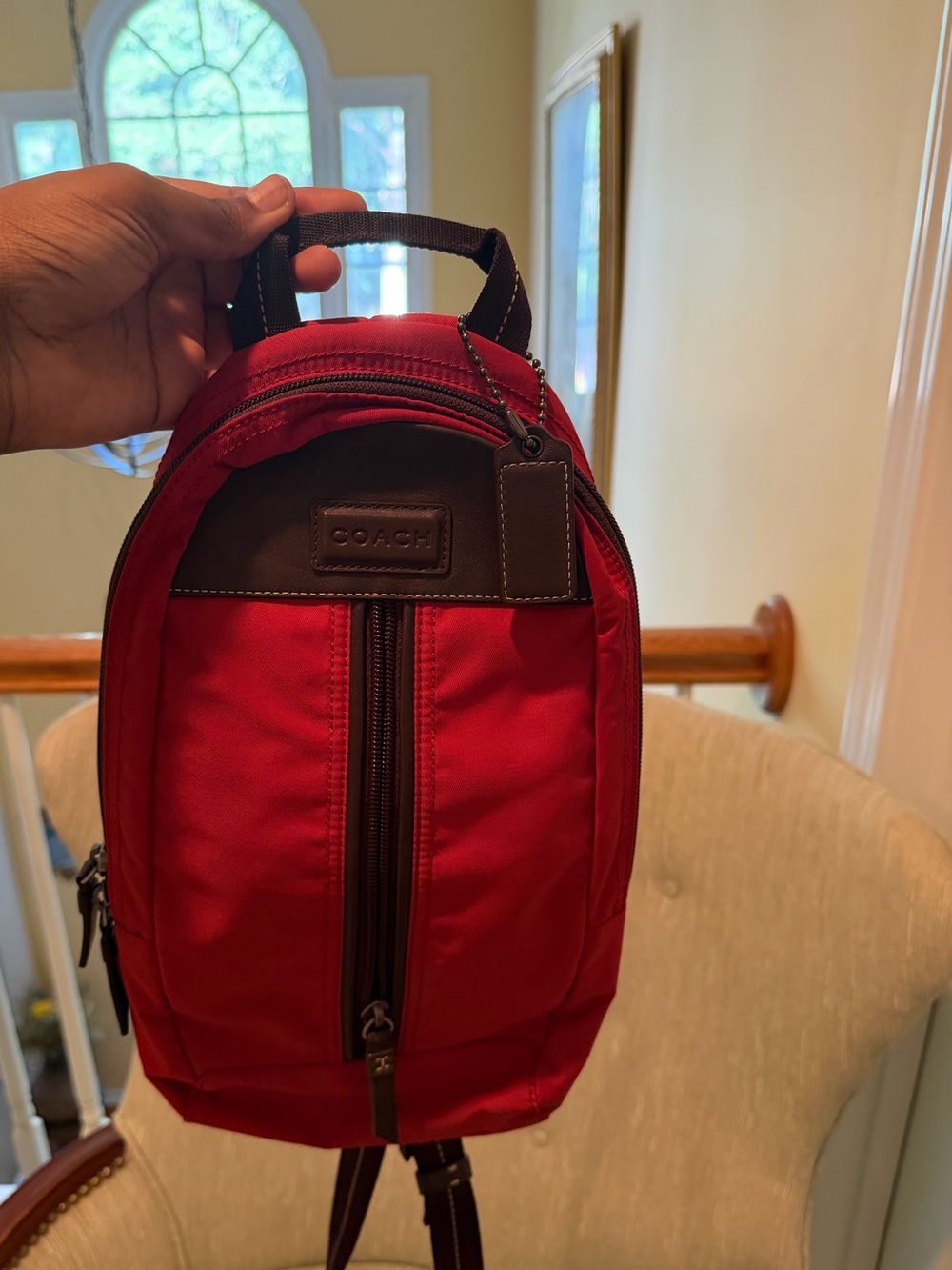 Coach Red Nylon Mini Backpack with Brown Leather Accents